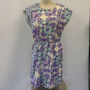 KENSIE Purple Green Geometric Print Lined Mini Dress Womens Size M Elastic Waist